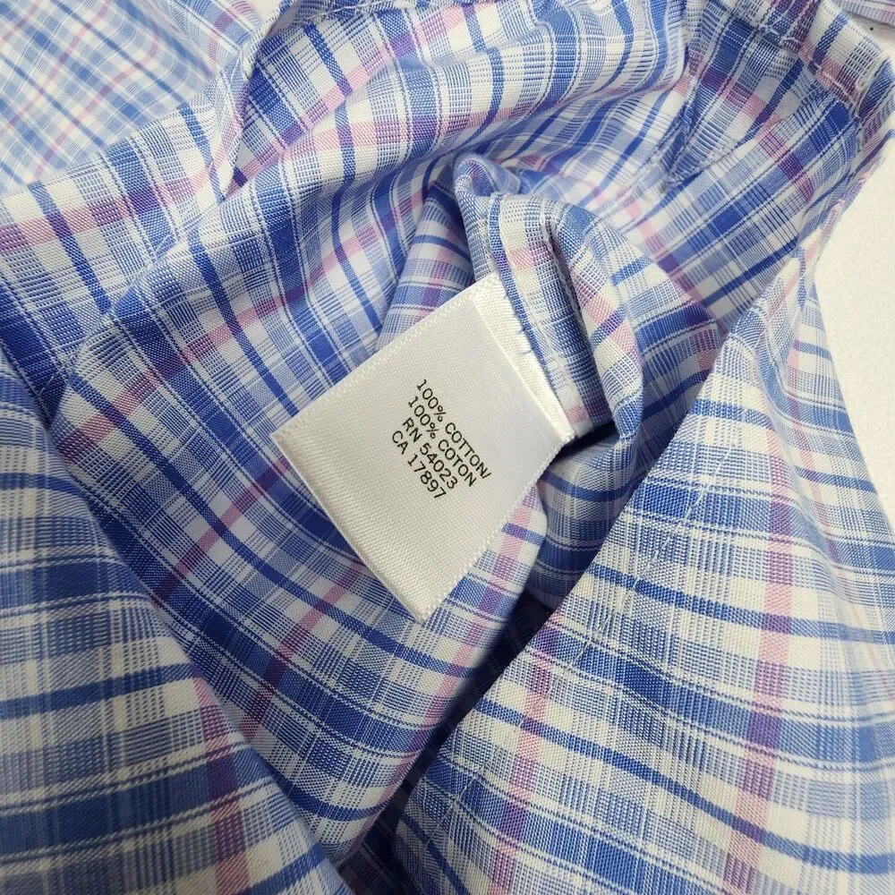 Banana Republic Mens M 15 15.5 Blue Pink Plaid Non Iron Slim Fit Dress Shirt